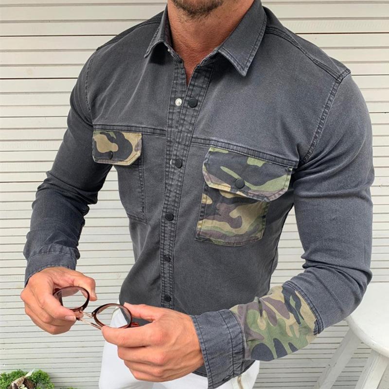 Men's Casual Slim Fit Camouflage Pocket Stitching Denim Shirt 95536667K