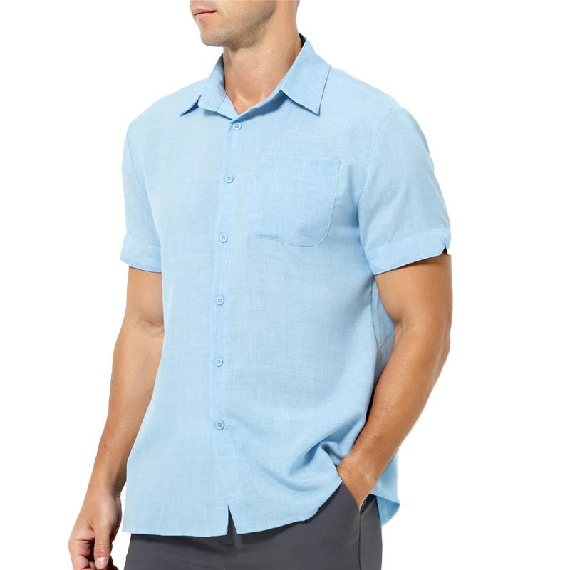 Men's Retro Vacation Solid Color Pocket Short Sleeved Shirt 65421677Y