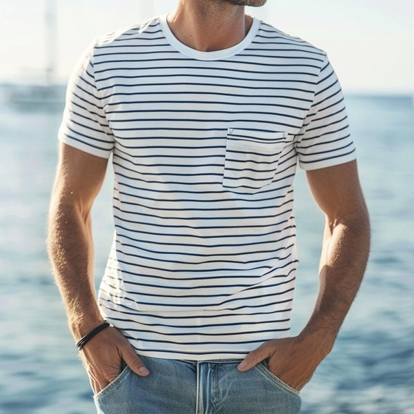 Men's Casual Cotton Blended Striped Round Neck Patch Pocket Short Sleeve T-Shirt 57951050M