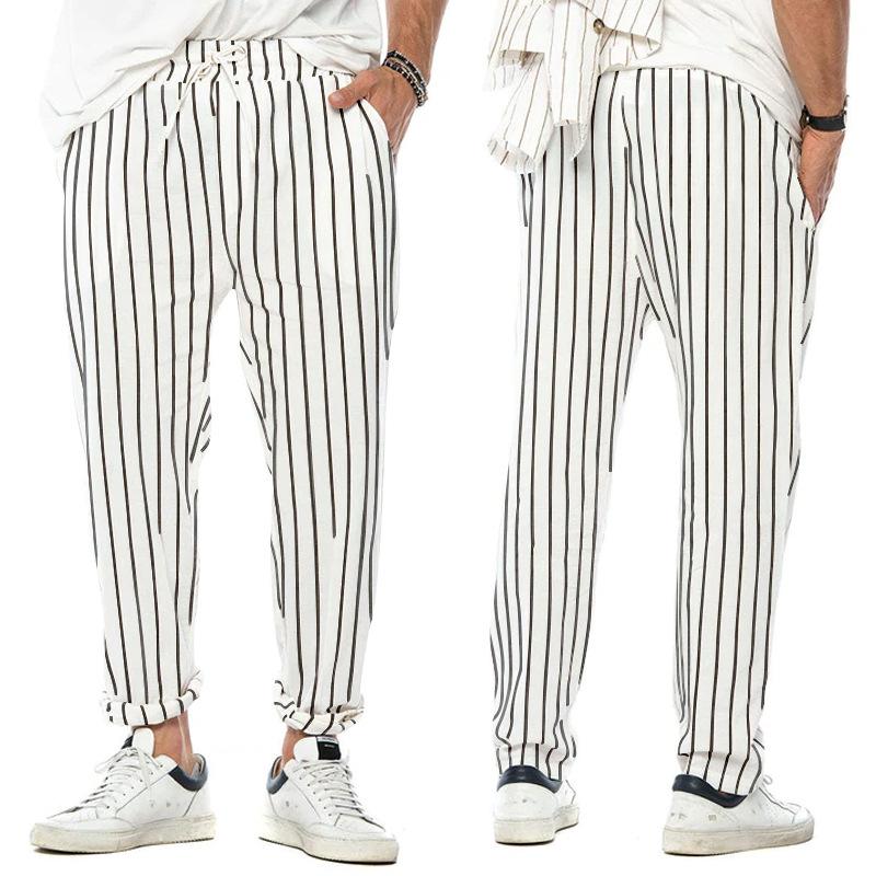 Pantalon décontracté coupe droite en coton et lin à rayures verticales pour hommes 38653954Z