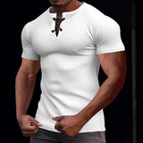 Men's Solid Waffle Lace-up Henley Collar Short Sleeve Casual T-shirt 63747969Z