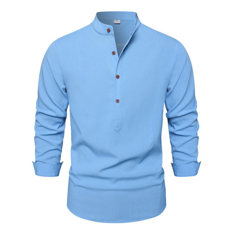 Men's Cotton and Linen Solid Color Stand Collar Casual Long-sleeved Shirt 13156204X