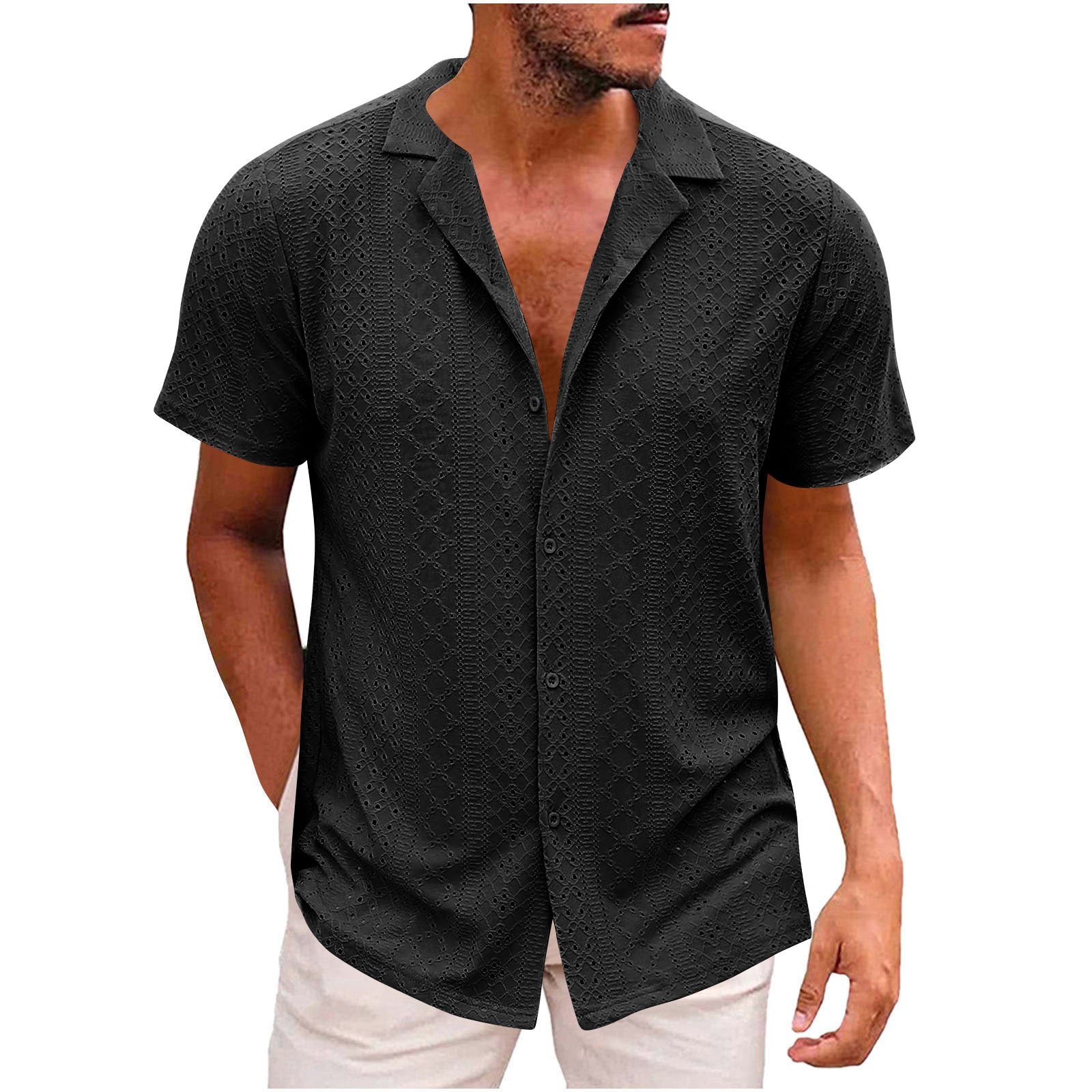 Men's Solid Color Lapel Short Sleeve Shirt 00737845Y