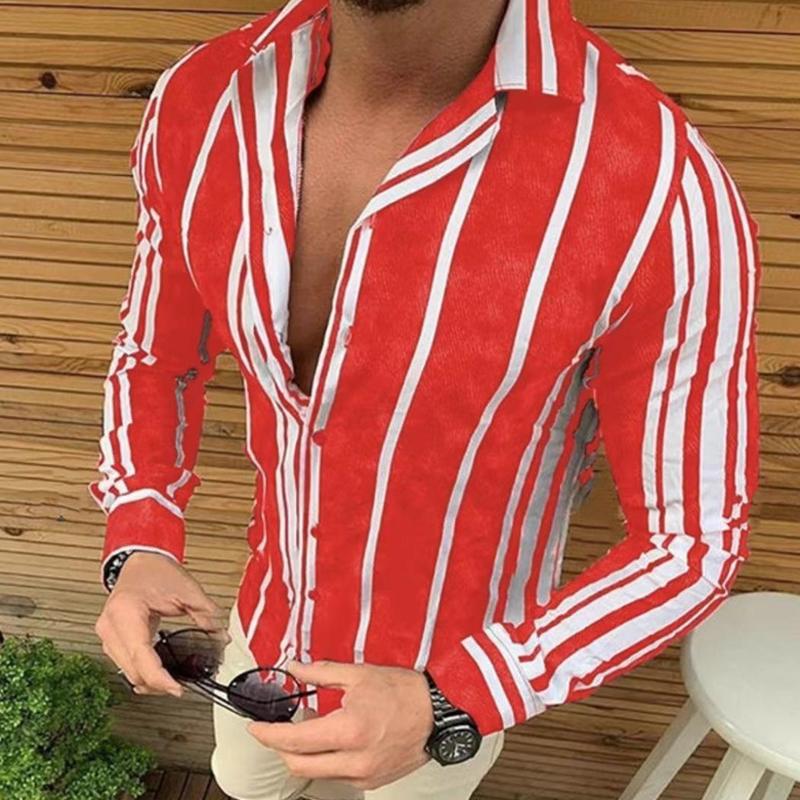 Men's Long Sleeve Lapel Button Striped Shirt 73891942X