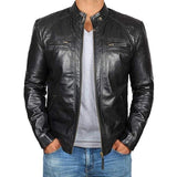 Men's Vintage Stand Collar Zipper Slim Fit Leather Biker Jacket 91469173M