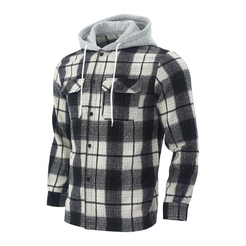 Men's Casual Plaid Hooded Flannel Multi-Pocket Shirt Jacket 69038680X