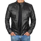 Men's Black Zip Stand Collar Leather Jacket 02083408U