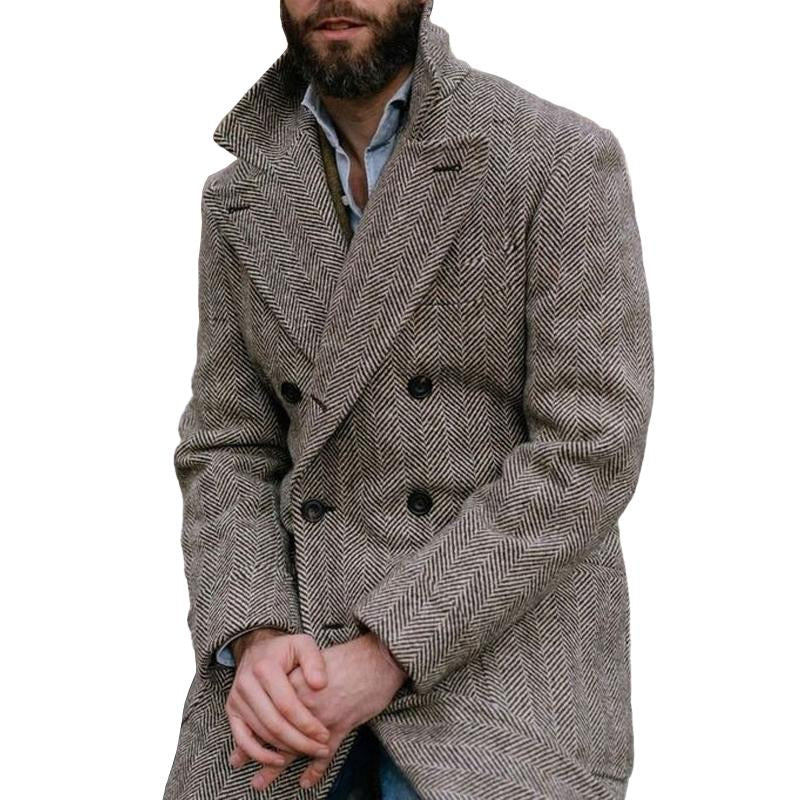 Men's Vintage Herringbone Lapel Double Breasted Slim Mid-length Coat 68525985M