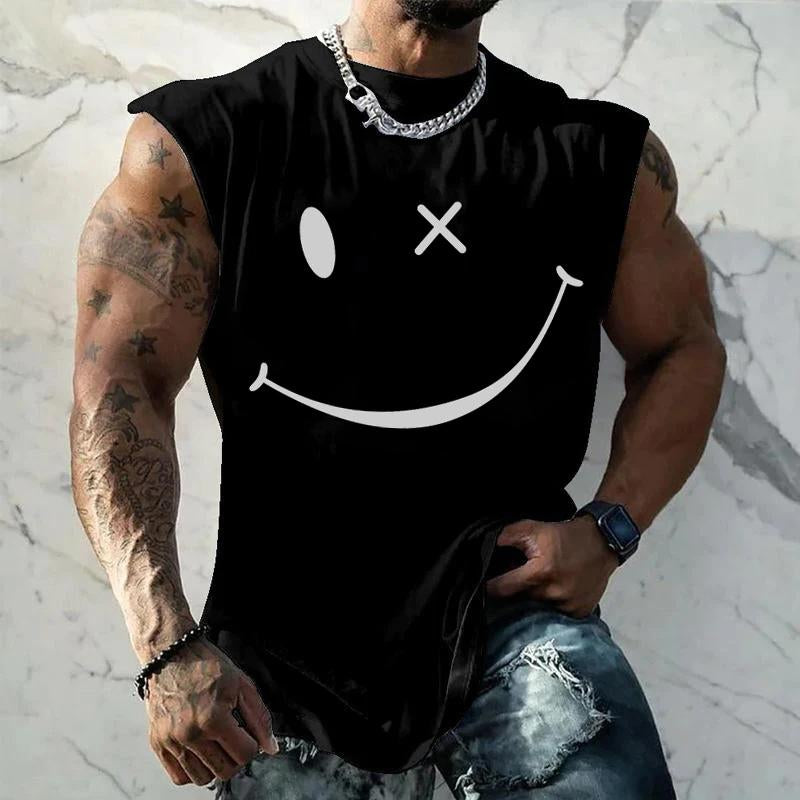 Men's Sports Loose Smiley Printed Crew Neck Tank Top 04348213Y