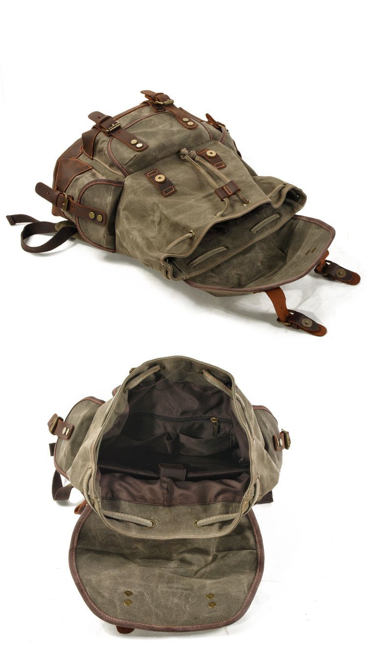 Mochila de lona vintage para hombre con múltiples bolsillos y costuras de cuero para exteriores 19083234Y