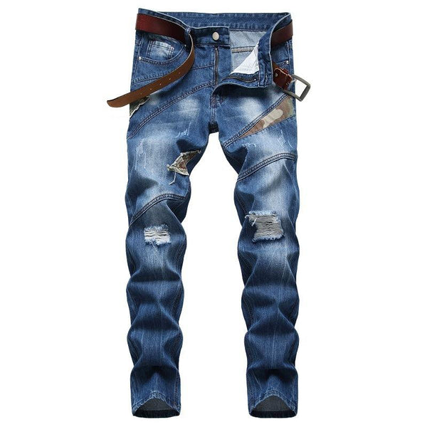 Men's Fashion Camo Patchwork Distressed Hole Slim Jeans 88866910Z