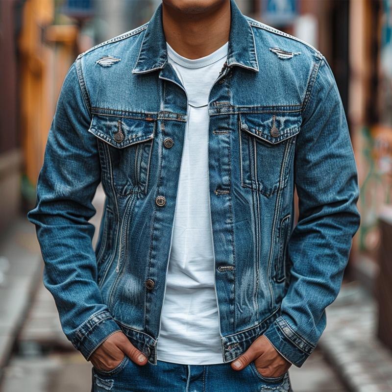 Men's Vintage Washed Denim Jacket 96065247X