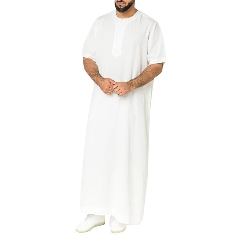 Men's Loose Solid Color Zipper Round Neck Short Sleeve Muslim Robe 01759199Y