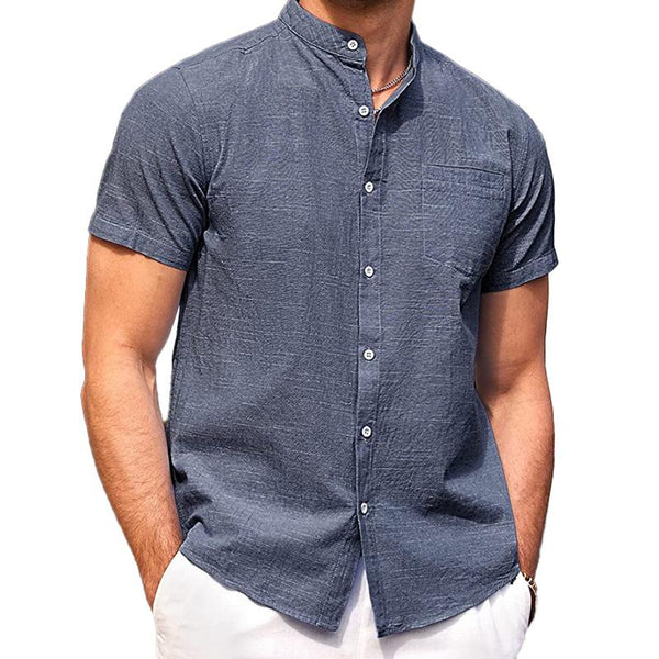 Men's Casual Stand Collar Cotton Linen Single-Breasted Short-Sleeved Shirt 61968373M