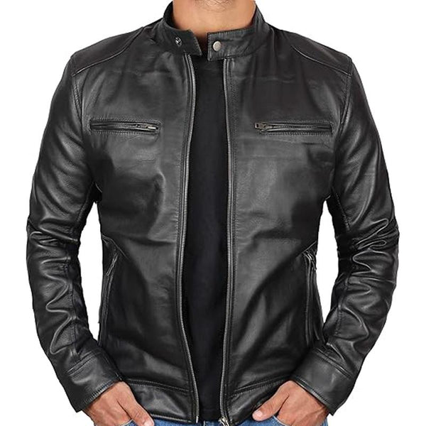 Men's Black Zip Stand Collar Leather Jacket 02083408U