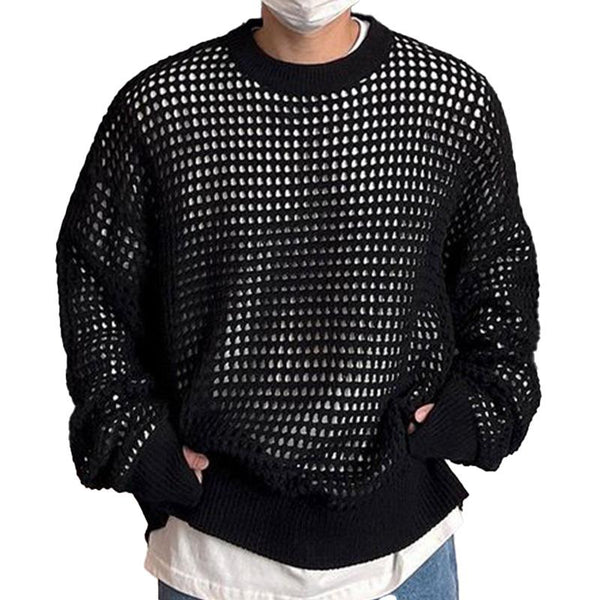 Men's Fashion Solid Color Mesh Hollow Round Neck Long Sleeve Knitted Sweater 25224548M