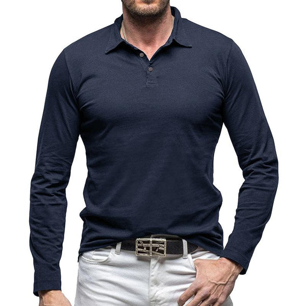 Men's Vintage Solid Color Long Sleeve Polo Shirt 60924488Y