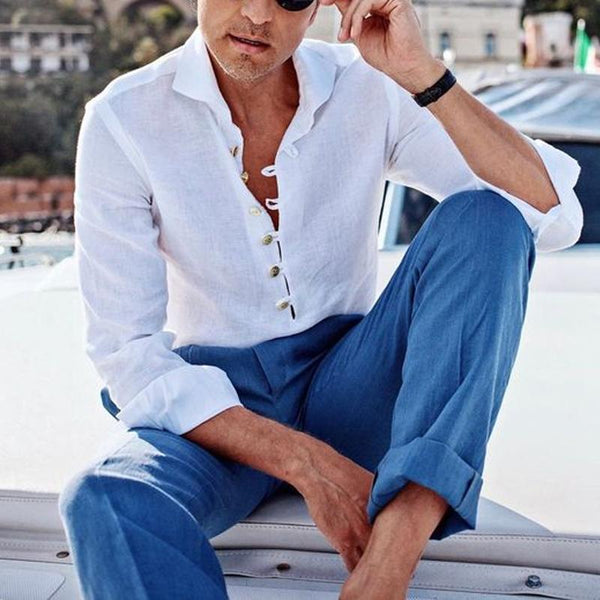 Men's Cotton and Linen Lapel Pullover Long Sleeve Shirt 01824322X