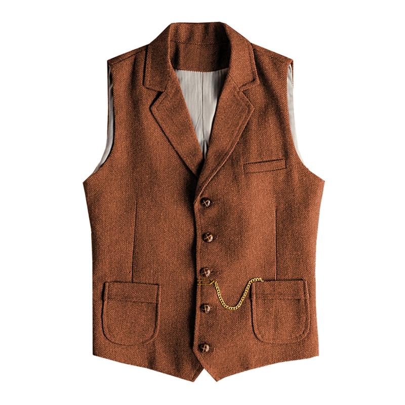 Men's Retro Herringbone Lapel Slim Fit Single Breasted Suit Vest (Chain Excluded) 36645703M