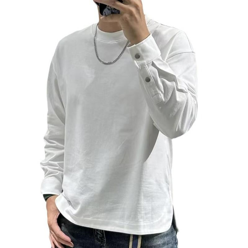 Men's Solid Color Hem Slit Round Neck Long Sleeve Loose T-Shirt 23258362X