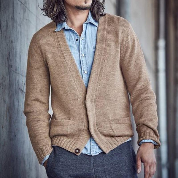 Men's Casual Solid Color V Collar Long Sleeve Knitted Cardigan 98761069M