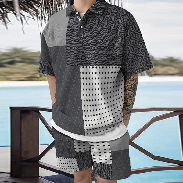 Men's Color Block Printed Short Sleeve Polo Shirt and Shorts Set 06046919Y