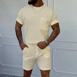 Men's Solid Waffle Round Neck Short Sleeve T-shirt Shorts Set 27389953Z