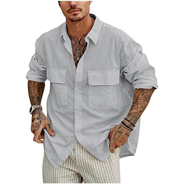Men's Solid Color Cotton Linen Front Pocket Button Lapel Shirt 60359022X