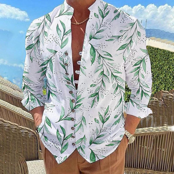 Men's Casual Stand Collar Leaf Printed Button Long Sleeve Shirt 00671878M