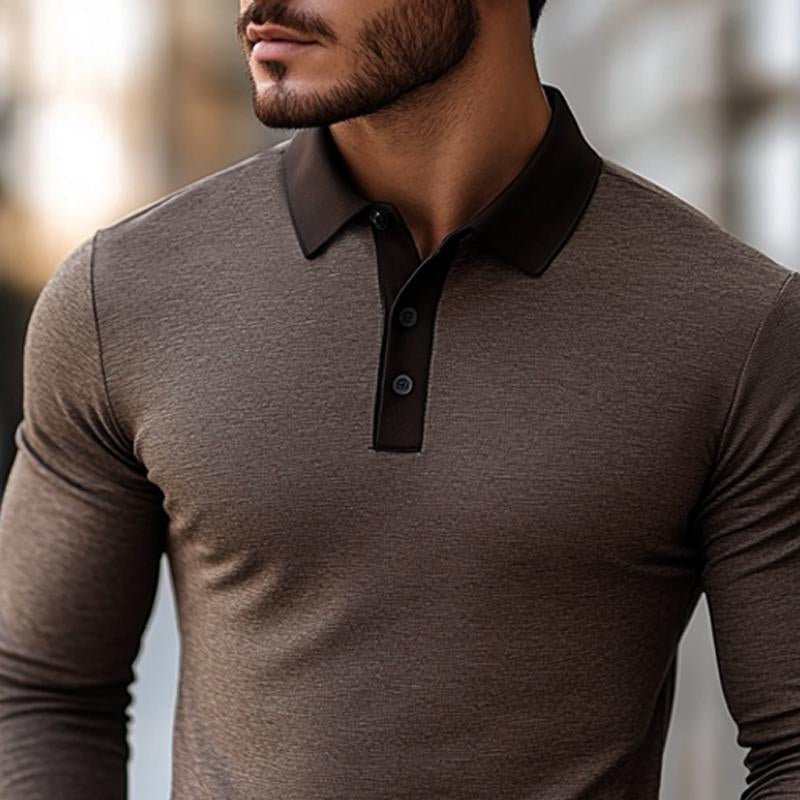 Men's Coffee Color Block Collar Long Sleeve Polo Shirt 95927155U