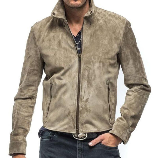 Men's Solid Suede Stand Collar Zip-Up Jacket 71209560X