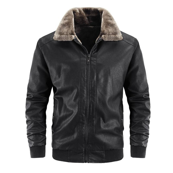 Men's Fleece Lapel Zipper Leather Jacket 36382213X