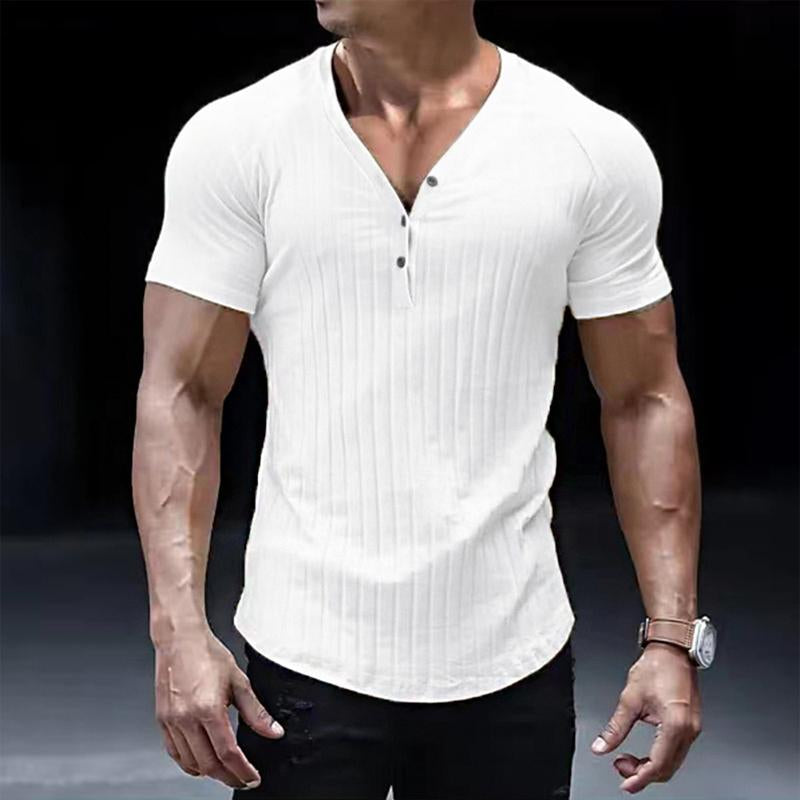 Men's Casual Vertical Stripes Button V Neck Short Sleeve T-Shirt 03893911Y
