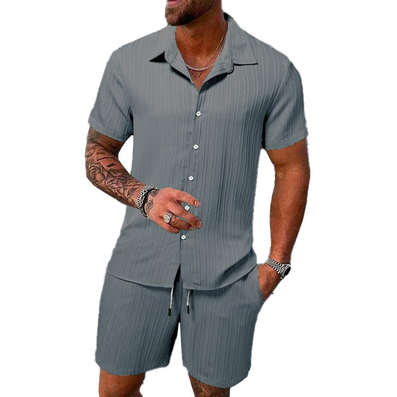 Men's Solid Color Striped Lapel Short Sleeve Shorts Casual Set  63428764X