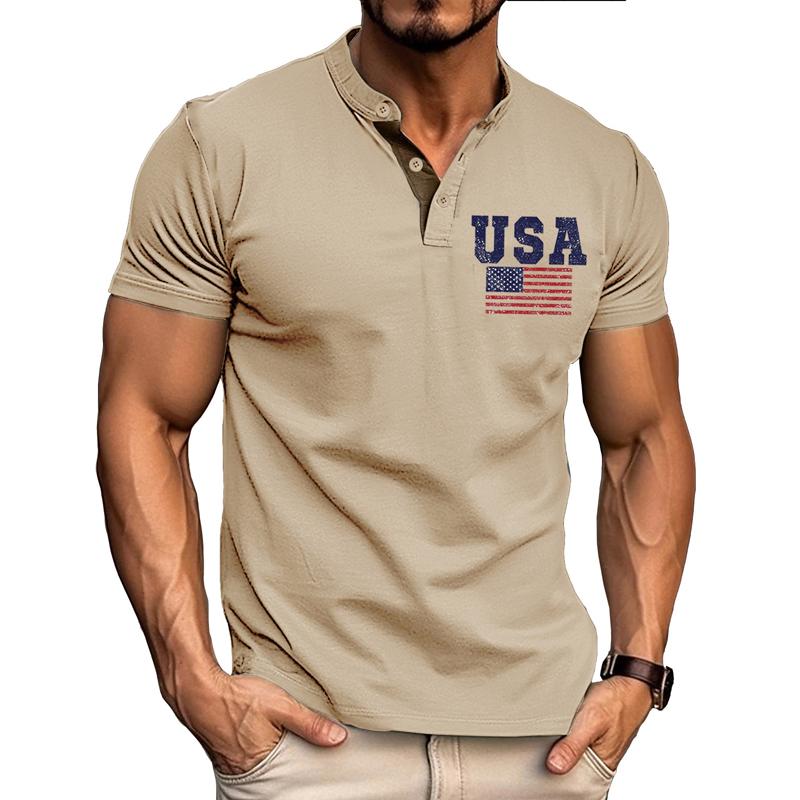 Men's American Flag Print Short Sleeve Button T-Shirt 65699171X