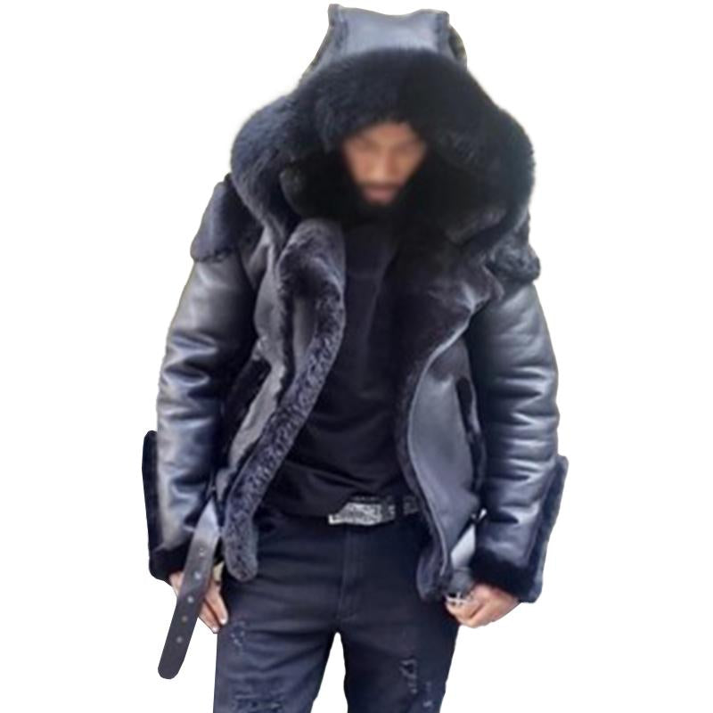 Men's Casual Thickened Warm Faux Fur Zippered Leather Hooded Coat 61704813M