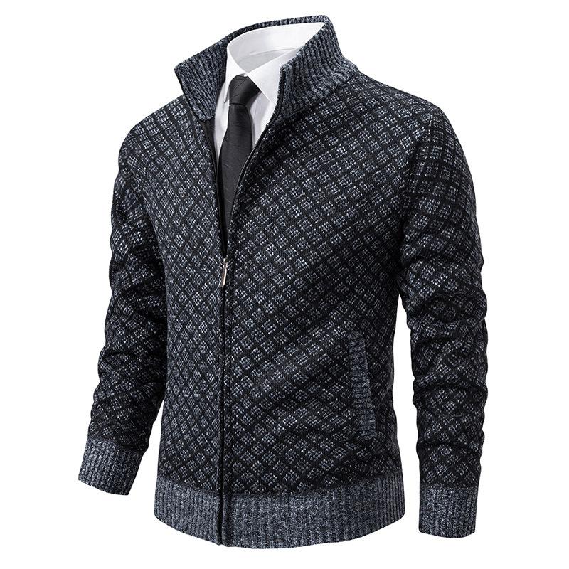 Men's Stand Collar Slim Fit Plaid Knit Cardigan 93275496F