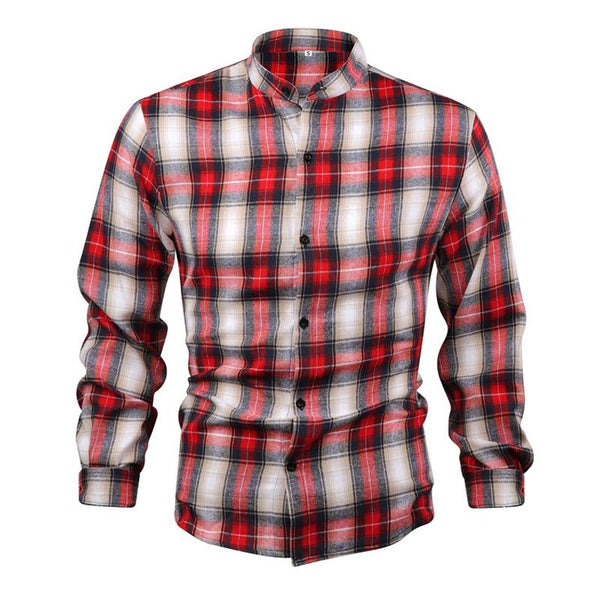 Men's Long-sleeved Stand-collar Plaid Base Shirt 42541489X