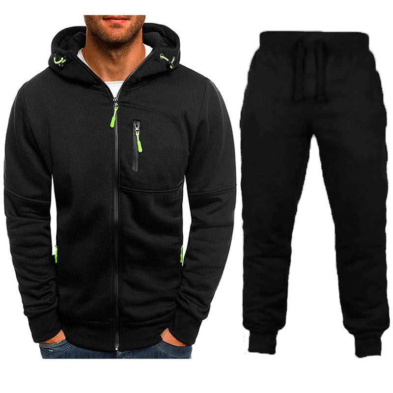 Men's Sports Zip-up Sweatshirt Hooded Trousers Solid Color Two-piece Set 66585624X