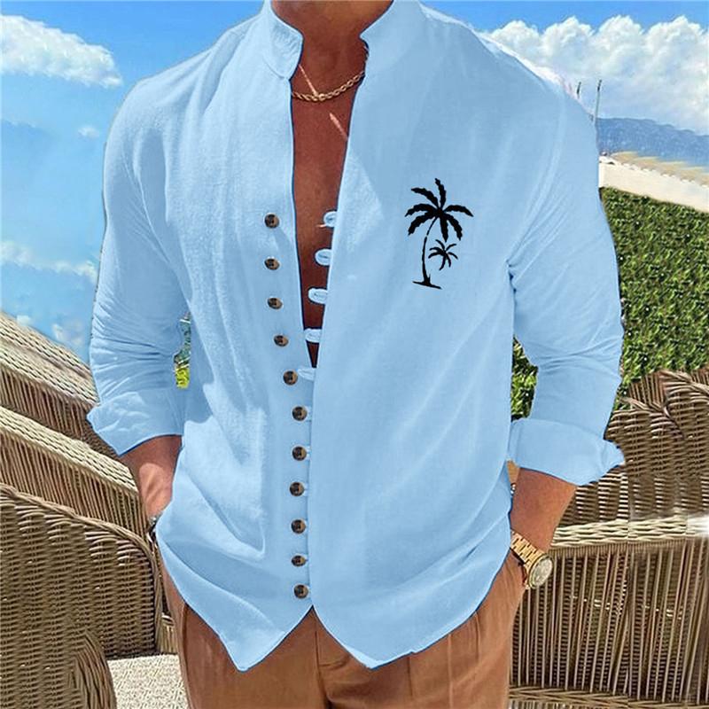 Men's Vintage Coconut Print Stand Collar Long Sleeve Shirt 00326465Y