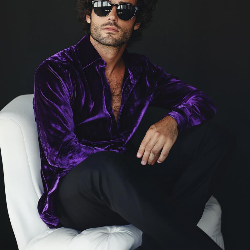 Men's Purple Velvet Long Sleeve Shirt 33363703U