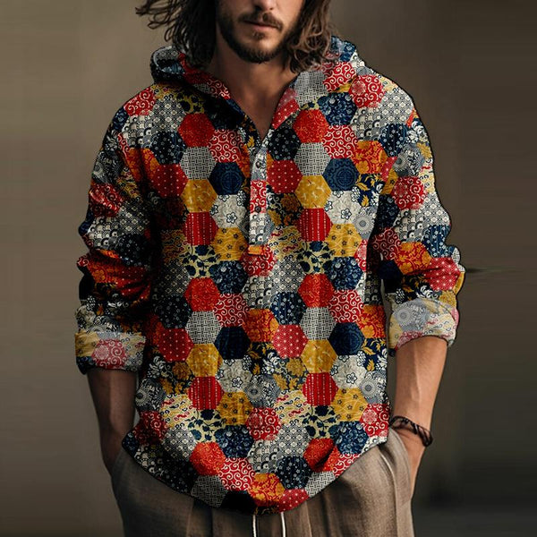 Men's Casual Printed Hooded Long-sleeved Loose Pullover Shirt 01620802M