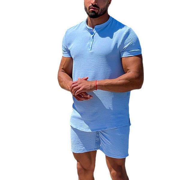 Men's Casual Cotton Linen Stand-Up Collar Short-Sleeved Shirt Elastic Waist Shorts Set 41167337M