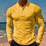 Men's Solid Color Waffle Lapel Long Sleeve Polo Shirt 57631305Z