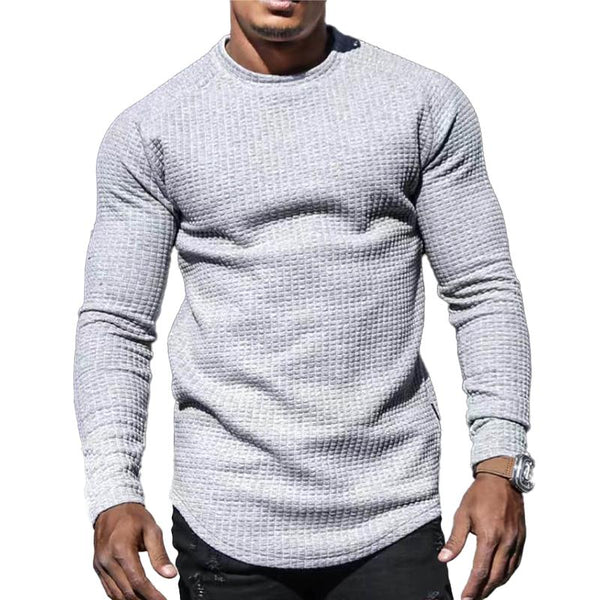 Men's Casual Solid Color Waffle Round Neck Long Sleeve T-Shirt 26370676Y