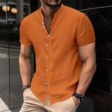 Men's Solid Color Cotton And Linen Stand Collar Short-Sleeved Shirt 67521156Y