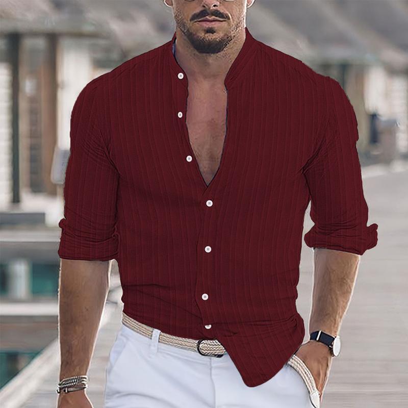 Men's Casual Solid Color Striped Stand Collar Long Sleeve Shirt 73671319Y