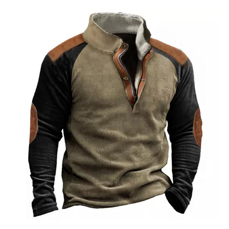 Men's Vintage Polar Fleece Color Block Stand Collar Outdoor Pullover Sweatshirt 17513068M