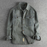 Men's Vintage Striped Washed Cargo Long Sleeve Denim Shirt 86916975Y