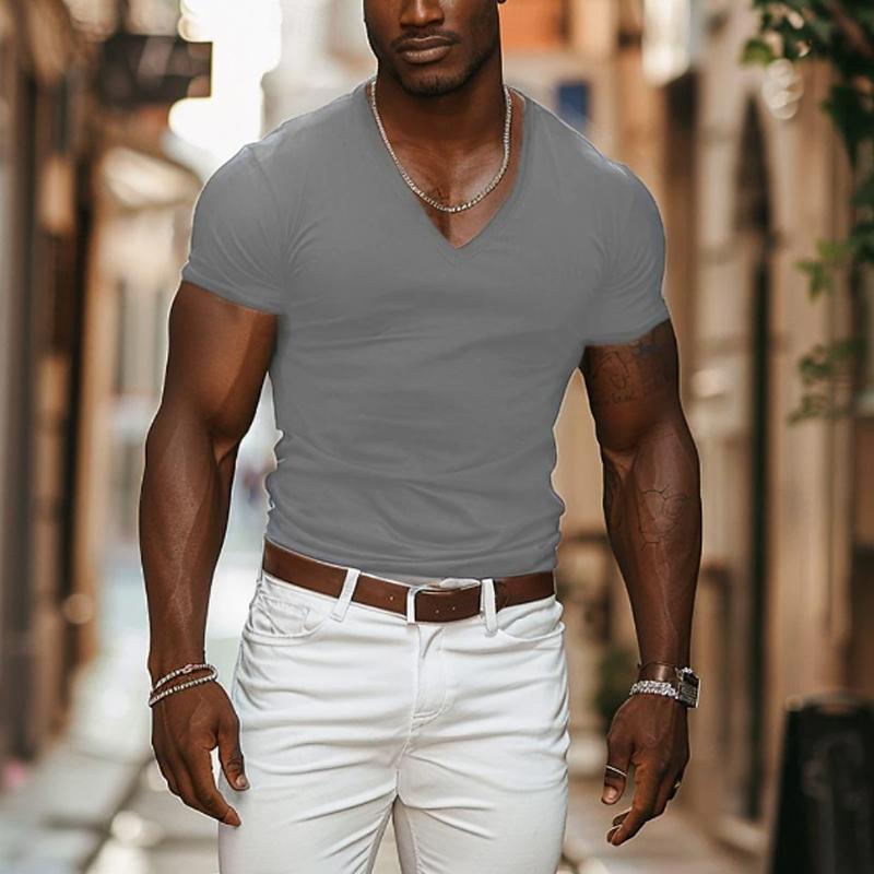 Men's Solid Color V Neck Slim Fit Short-Sleeved T-Shirt 45963523Y
